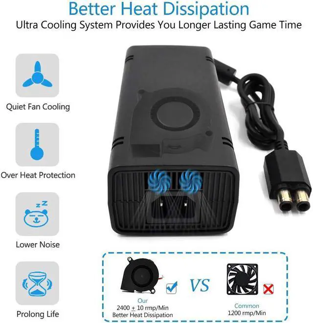 Alt view image 3 of 7 - Werleo Xbox 360 Slim AC Adapter Power Supply Brick for Puning Power Supply 135W Power Supply Charger Cord  Replacement Charger for Xbox 360 Slim Console 100-120V Black