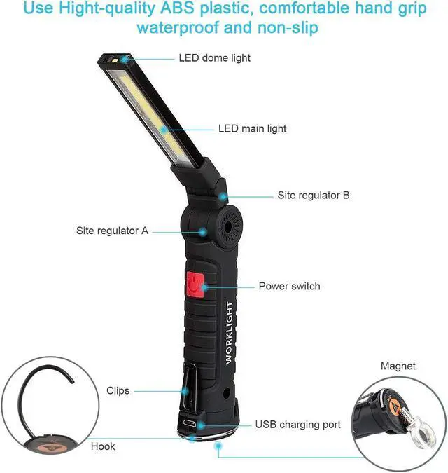 Alt view image 3 of 6 - COB LED Work Light Werleo USB Rechargeable Pocket LED Light COB Lamp 360° Rotate 5 Lighting Modes + Magnetic Base and Swivel Hook Water-Resistant Inspection Work Light Portable Torch Light