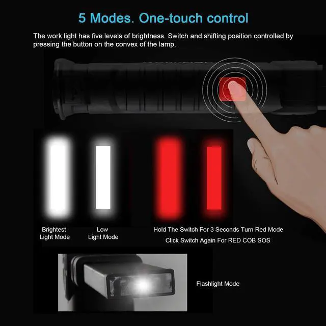 Alt view image 5 of 6 - COB LED Work Light Werleo USB Rechargeable Pocket LED Light COB Lamp 360° Rotate 5 Lighting Modes + Magnetic Base and Swivel Hook Water-Resistant Inspection Work Light Portable Torch Light