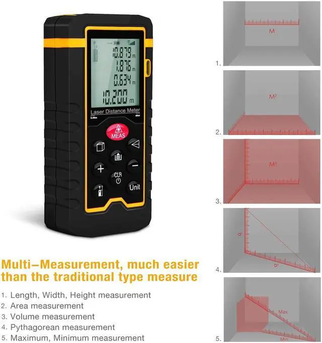 Alt view image 2 of 7 - Laser Distance Measurement 131FT / 40M High Precision Waterproof Handheld Digital Laser Measure w/ LCD Backbit Volume Area Pythagorean Continuous Measurement - Carry Pouch Lanyard & Battery Included