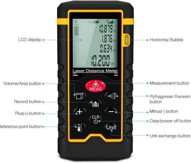 Alt view image 5 of 7 - Laser Distance Measurement 131FT / 40M High Precision Waterproof Handheld Digital Laser Measure w/ LCD Backbit Volume Area Pythagorean Continuous Measurement - Carry Pouch Lanyard & Battery Included