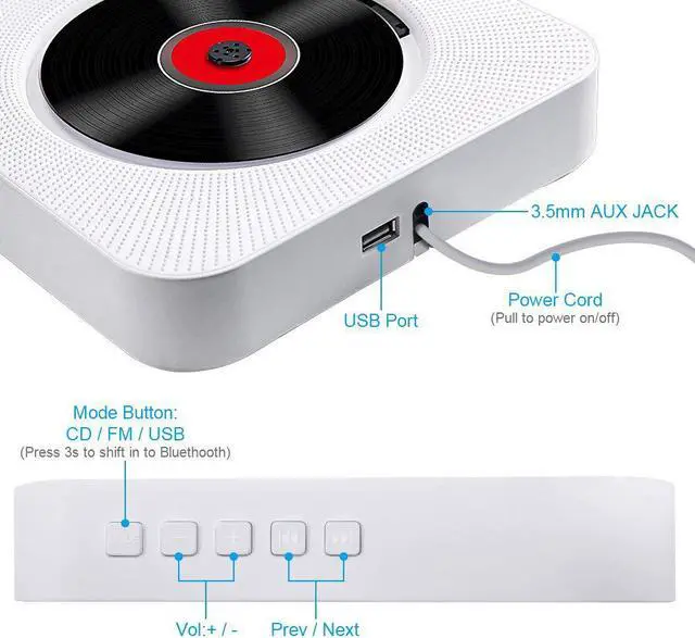 Alt view image 2 of 7 - Werleo CD Player with Bluetooth Werleo Portable CD Player with Remote Control Wall Mountable CD Player FM Radio HiFi Speaker CD Music Player Supports USB Earphones and Phone Charging