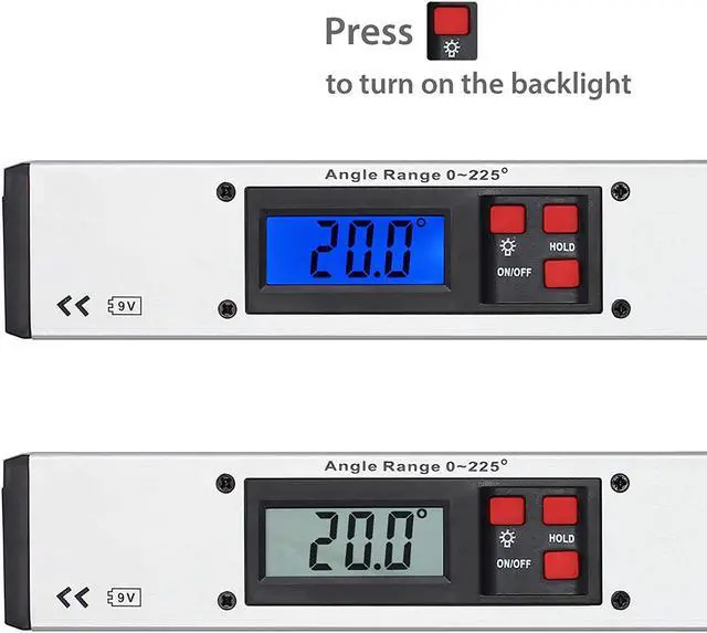 Alt view image 3 of 7 - Werleo Digital Angle Gauge 0-225° Digital Inclinometer Protractor Angle Finder with LCD Spirit Level 400mm / 16 inch for Vertical Horizontal Dual Spirit Level