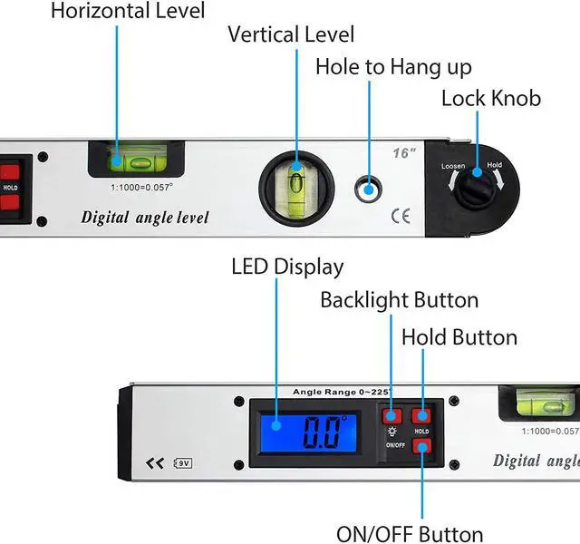 Alt view image 2 of 7 - Werleo Digital Angle Gauge 0-225° Digital Inclinometer Protractor Angle Finder with LCD Spirit Level 400mm / 16 inch for Vertical Horizontal Dual Spirit Level