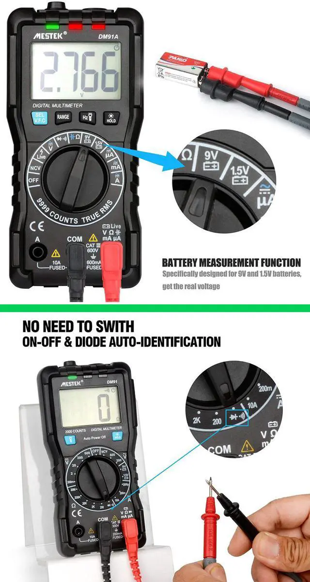 Alt view image 6 of 6 - Digital Multimeter TRMS 9999 Counts MESTEK AC DC Current Voltage Auto-Ranging NCV VFC Battery Tester Amp Volt Ohm Hz Diode Resistance Frequency Capacitance Continuity Meter with Probes & Battery