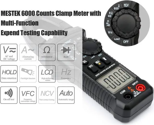Alt view image 2 of 7 - Digital Clamp Meter Multimeters MESTEK AC DC Multimeter Current Voltage Voltmeter Autoranging Electric Tester Ohm Hz Amp Volt Diode Resistance 6000 Counts NCV VFC Accurate Electric