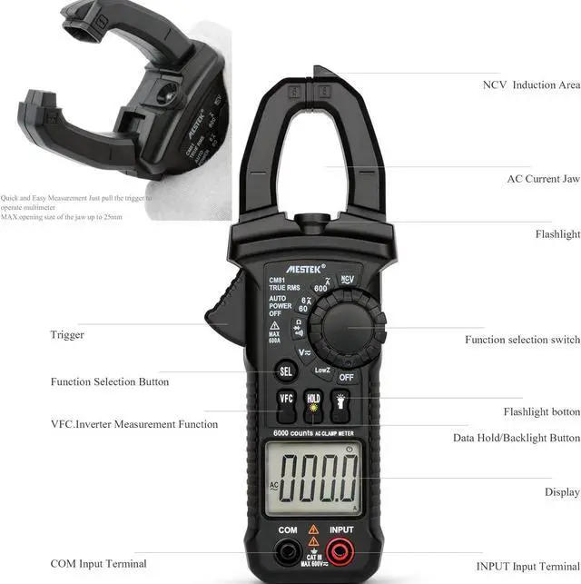 Alt view image 7 of 7 - Digital Clamp Meter Multimeters MESTEK AC DC Multimeter Current Voltage Voltmeter Autoranging Electric Tester Ohm Hz Amp Volt Diode Resistance 6000 Counts NCV VFC Accurate Electric