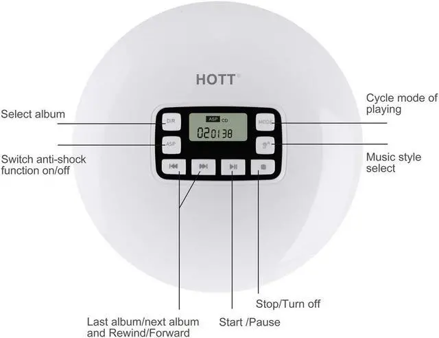 Alt view image 5 of 7 - Portable CD Player HOTT Walkman CD Player LCD Display Anti-Skip Protection Shockproof Function Only Support 5 Formats CD CD-R CD-RW MP3 CD-DA WMA Audio Files White
