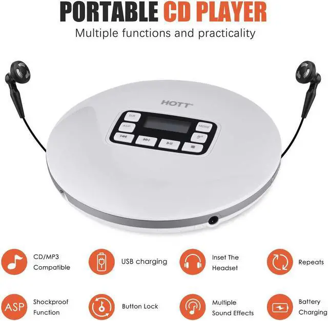 Alt view image 3 of 7 - Portable CD Player HOTT Walkman CD Player LCD Display Anti-Skip Protection Shockproof Function Only Support 5 Formats CD CD-R CD-RW MP3 CD-DA WMA Audio Files White