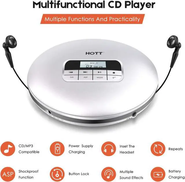 Alt view image 2 of 7 - Portable CD Player HOTT Personal Compact Disc Player LCD Display with Headphones Compact Walkman CD Player with Electronic Skip Protection Anti-Shock Function Silver