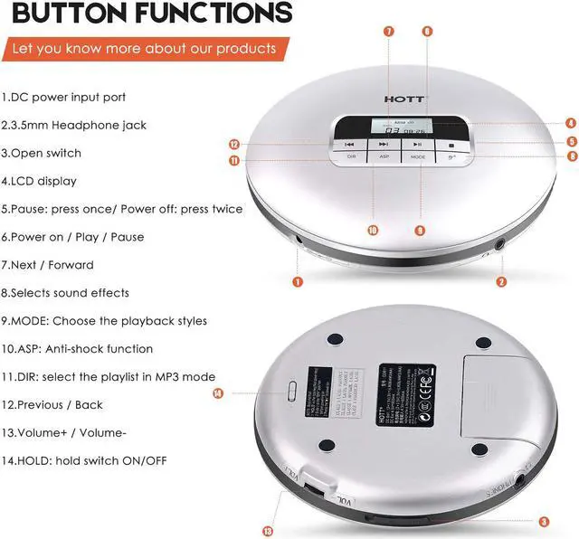 Alt view image 7 of 7 - Portable CD Player HOTT Personal Compact Disc Player LCD Display with Headphones Compact Walkman CD Player with Electronic Skip Protection Anti-Shock Function Silver