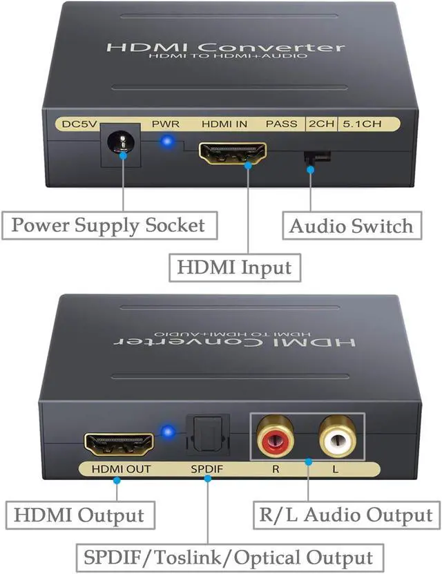 Alt view image 4 of 7 - Werleo 1080P HDMI Audio Extractor HDMI to HDMI + Optical TOSLINK SPDIF + Analog RCA L/R Stereo Audio Video Splitter Adapter Converter for Apple TV Blu-ray Player Black