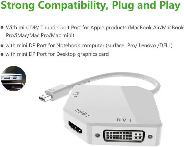 Alt view image 2 of 7 - Werleo Multi-Function Thunderbolt Mini DisplayPort DP To HDMI VGA DVI Cable Converter Adapter For MacBook Air MacBook MacBook Pro Microsoft Surface Pro Pro 2 Pro 3