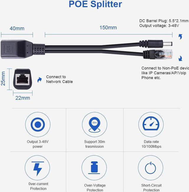 Alt view image 3 of 5 - Passive PoE Injector Splitter Kit with 5.5x2.1mm DC Power Adaptor Connector Supports 10 / 100Mbps WLAN Router Switch Surveillance Camera Wireless Access Point Black - 2 Pairs