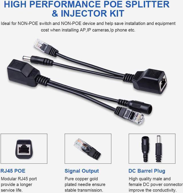Alt view image 2 of 5 - Passive PoE Injector Splitter Kit with 5.5x2.1mm DC Power Adaptor Connector Supports 10 / 100Mbps WLAN Router Switch Surveillance Camera Wireless Access Point Black - 2 Pairs
