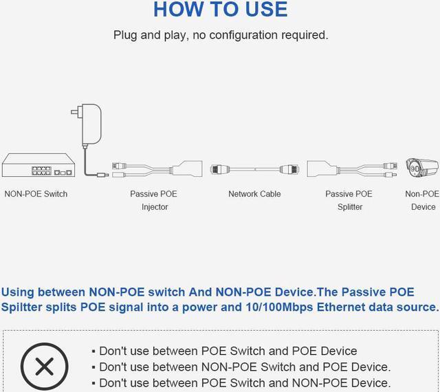 Alt view image 4 of 5 - Passive PoE Injector Splitter Kit with 5.5x2.1mm DC Power Adaptor Connector Supports 10 / 100Mbps WLAN Router Switch Surveillance Camera Wireless Access Point Black - 2 Pairs