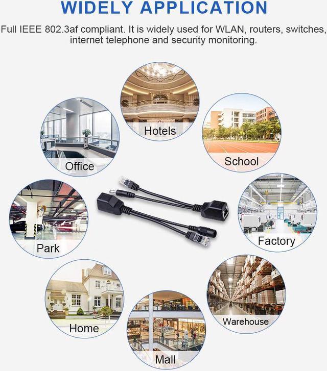 Alt view image 5 of 5 - Passive PoE Injector Splitter Kit with 5.5x2.1mm DC Power Adaptor Connector Supports 10 / 100Mbps WLAN Router Switch Surveillance Camera Wireless Access Point Black - 2 Pairs
