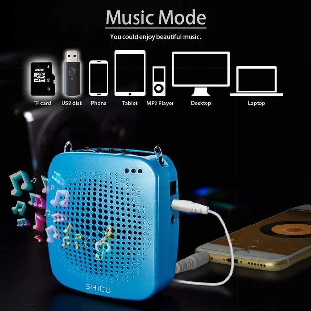 Alt view image 5 of 7 - Portable Voice Amplifier 15W SHIDU Personal Speaker Music Player Rechargeable Teacher Microphone Headset for Teachers Tour Guides Coaches Classroom Singing Yoga Fitness Instructors Presentations Black