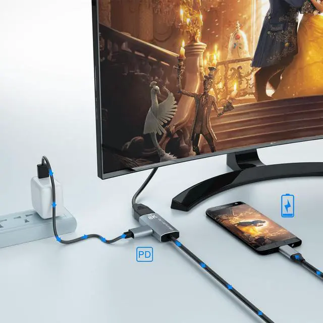 Alt view image 3 of 7 - CableDeconn USB C to DisplayPort 1.4 8K Cable with USB-C PD 8K@60Hz 4K@144Hz Converter Thunderbolt 3 to DisplayPort Adapter Compatible with New MacBook Pro 2019 2020 DELL XPS 2m 6.6ft