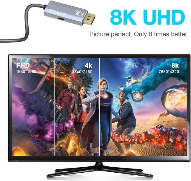 Alt view image 7 of 7 - CableDeconn USB C to DisplayPort 1.4 8K Cable with USB-C PD 8K@60Hz 4K@144Hz Converter Thunderbolt 3 to DisplayPort Adapter Compatible with New MacBook Pro 2019 2020 DELL XPS 1m 3.3ft
