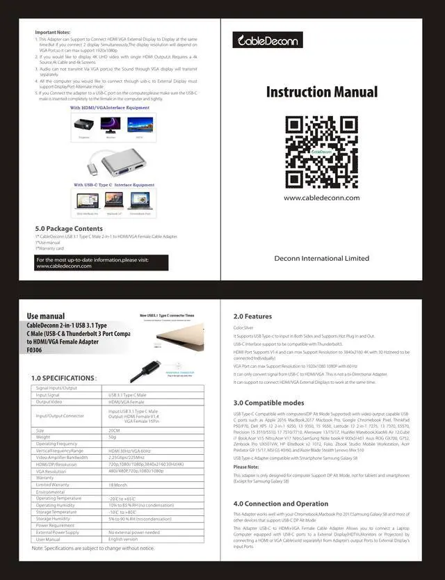 Alt view image 3 of 7 - CableDeconn Thunderbolt 3 hdmi vga adapter usb Type-c hub usb c hdmi 4k cable 2in1 Multiport usb3.1 Converter For mac apple new Macbook 2017