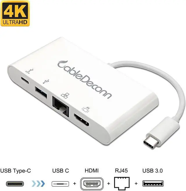 Main image of CableDeconn thunderbolt 3 usb type-c hub hdmi ethernet rj45 usb3.0 usb c charging 4in1 adapter cable converter for 2017 macbook pro Dell XPS