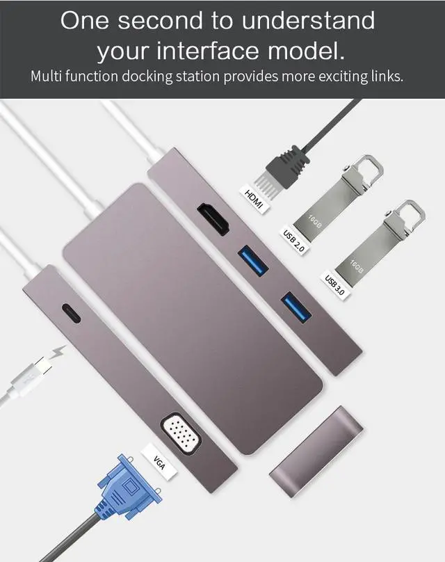 Alt view image 3 of 6 - CableDeconn USB-C Thunderbolt 3 Hub usb3.1 Type C to HDMI 4K VGA 1080P SB3.0 USB2.0 USB C PD 5in1 Docking Adapter for Macbook Pro 2017 2016