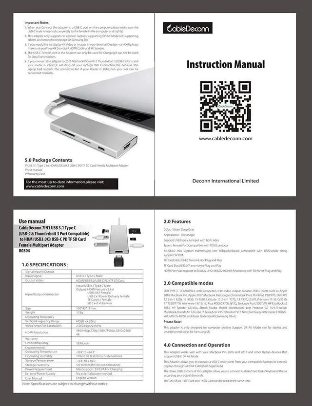 Alt view image 7 of 7 - CableDeconn 7IN1 Portable Type USB-C Hub 3.1 with HDMI Port USB 3.0 SD & MicroSD Card Reader USBC Charging port for MacBook Pro 2016 2017