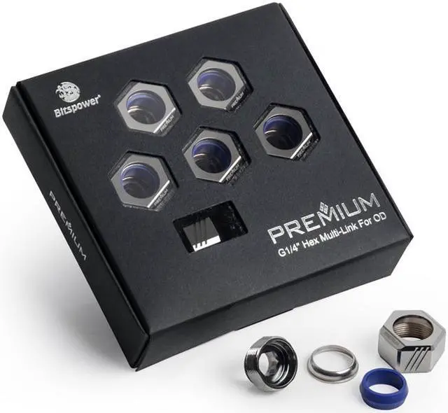 Main image of Bitspower Premium G1/4" Hex Multi-Link for 12mm OD Rigid Tubing, Black Sparkle, 6-pack