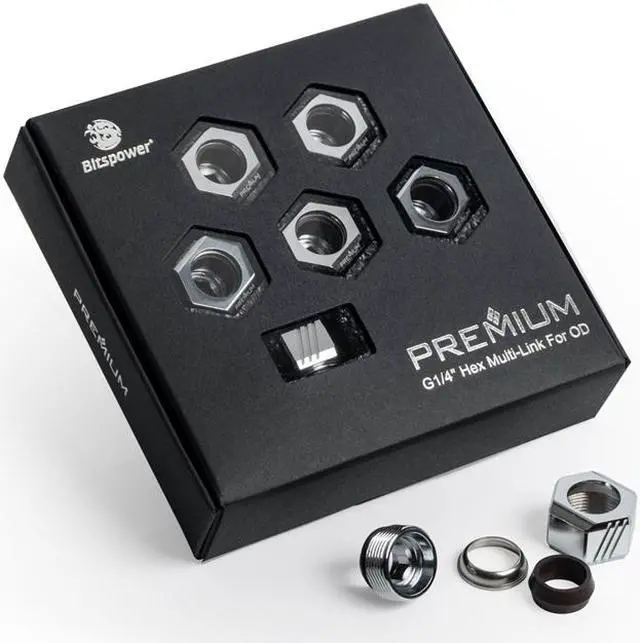 Main image of Bitspower Premium G1/4" Hex Multi-Link for 12mm OD Rigid Tubing, Silver Shining, 6-pack
