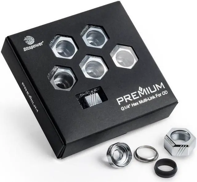 Main image of Bitspower Premium G1/4" Hex Multi-Link for 16mm OD Rigid Tubing, Silver Shining, 6-pack