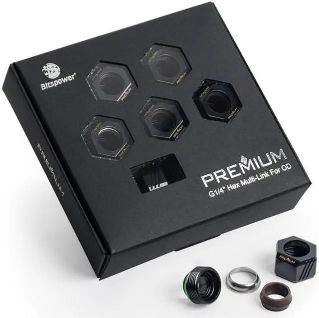 Main image of Bitspower Premium G1/4" Hex Multi-Link for 12mm OD Rigid Tubing, Matte Black, 6-pack