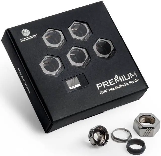Main image of Bitspower Premium G1/4" Hex Multi-Link for 12mm OD Rigid Tubing, Black Sparkle, 6-pack