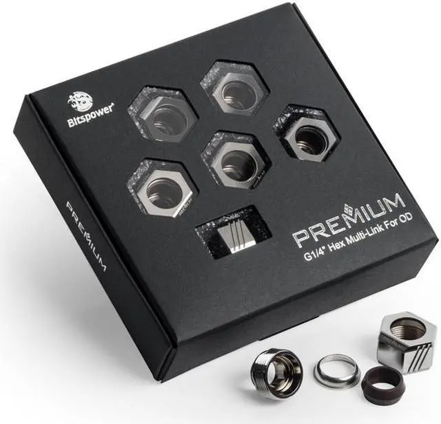 Main image of Bitspower Premium G1/4" Hex Multi-Link for 12mm OD Rigid Tubing, Black Sparkle, 6-pack
