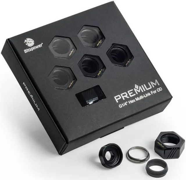 Main image of Bitspower Premium G1/4" Hex Multi-Link for 16mm OD Rigid Tubing, Matte Black, 6-pack