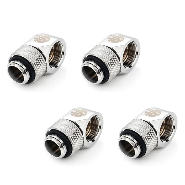 Alt view image 5 of 7 - Bitspower G1/4" Male to Female Extender Fitting, 90 Degree Rotary, Silver Shining, 4-pack
