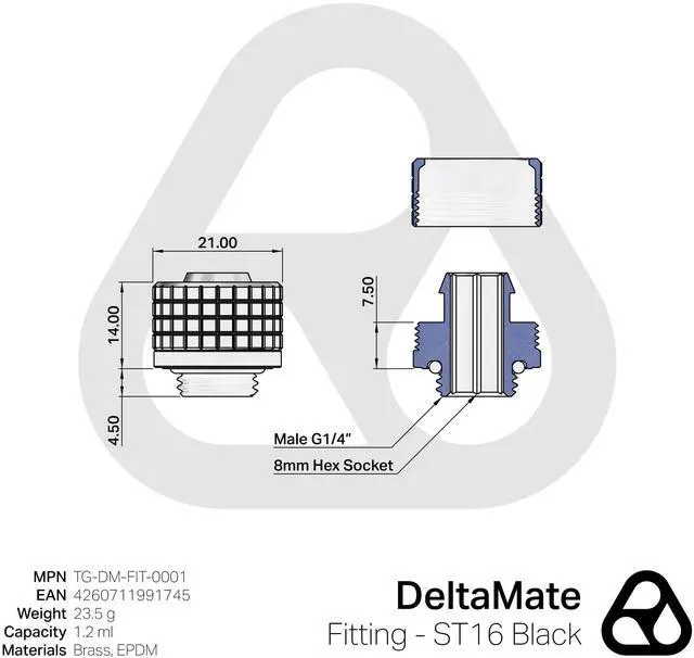 Alt view image 11 of 11 - Thermal Grizzly TG-DM-FIT-0001 DeltaMate ST16 Soft-Tube Water Cooling Compression Fitting G1/4'' Thread, CNC-Machined Brass Matte - Black
