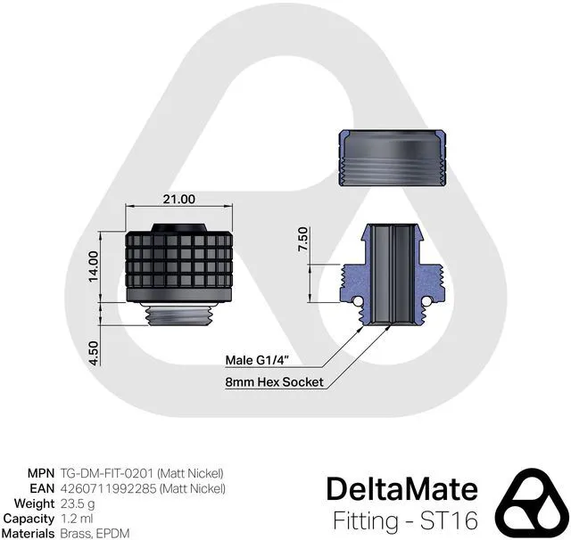 Alt view image 10 of 11 - Thermal Grizzly DeltaMate 16/10mm SoftTube Compression Fitting - ST16 - Matt Nickel, G1/4, Brass (TG-DM-FIT-0201)