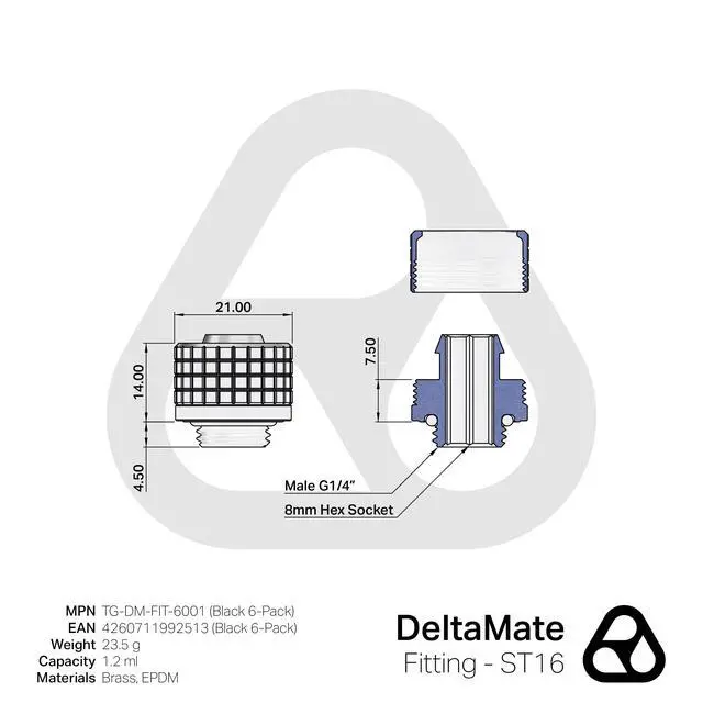 Alt view image 2 of 7 - Thermal Grizzly DeltaMate ST16 Compression Fitting for Soft Tubing, 10mm ID/16mm OD, Black, 6-pack