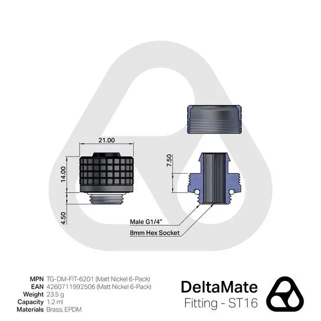Alt view image 2 of 7 - Thermal Grizzly DeltaMate ST16 Compression Fitting for Soft Tubing, 10mm ID/16mm OD, Matt Nickel, 6-pack