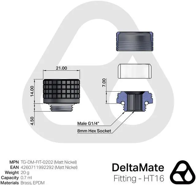 Alt view image 10 of 11 - Thermal Grizzly DeltaMate 16mm HardTube Compression Fitting - HT16 - Matt Nickel, G1/4, Brass (TG-DM-FIT-0202)