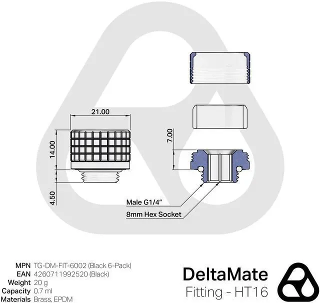 Alt view image 2 of 7 - Thermal Grizzly DeltaMate HT16 Compression Fitting for Rigid Tubing, 16mm OD, Black, 6-pack