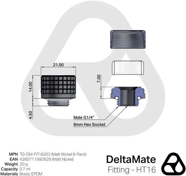 Alt view image 2 of 7 - Thermal Grizzly DeltaMate HT16 Compression Fitting for Rigid Tubing, 16mm OD, Matt Nickel, 6-pack
