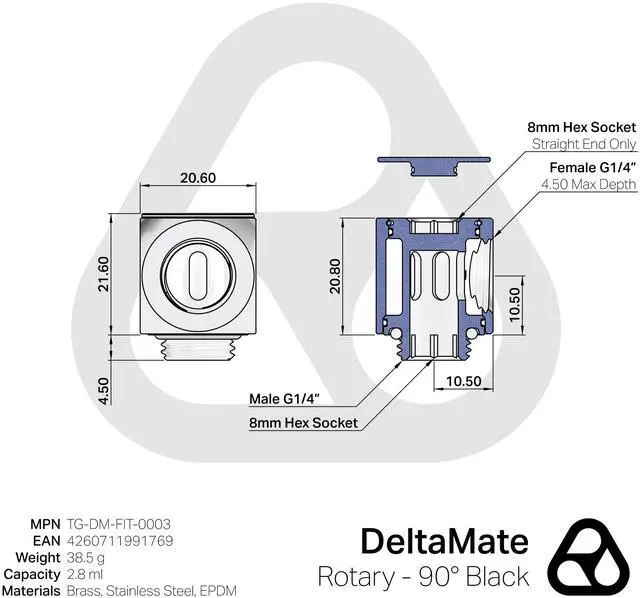 Alt view image 14 of 14 - Thermal Grizzly TG-DM-FIT-0003 DeltaMate Rotary - 90° Black Water Cooling Fitting G1/4'' Thread, CNC-Machined Brass Matte-Black