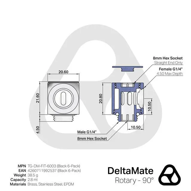 Alt view image 2 of 7 - Thermal Grizzly DeltaMate 90 Degree Rotary Fitting, Black, 6-pack