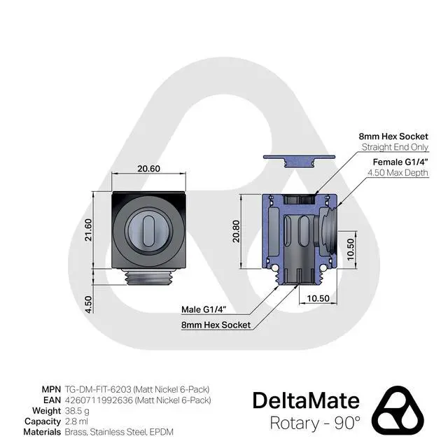 Alt view image 2 of 7 - Thermal Grizzly DeltaMate 90 Degree Rotary Fitting, Matt Nickel, 6-pack