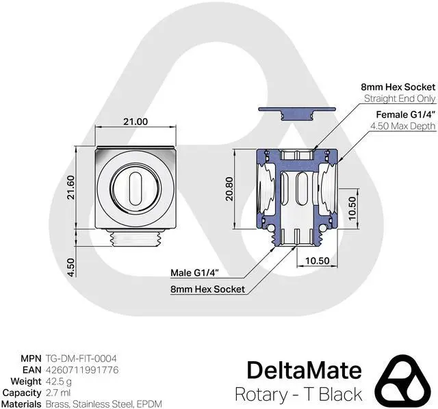 Alt view image 12 of 12 - Thermal Grizzly TG-DM-FIT-0004 DeltaMate Rotary T Fitting G1/4 Male + Dual Female Tee Connector for Custom PC WaterCooling-Black