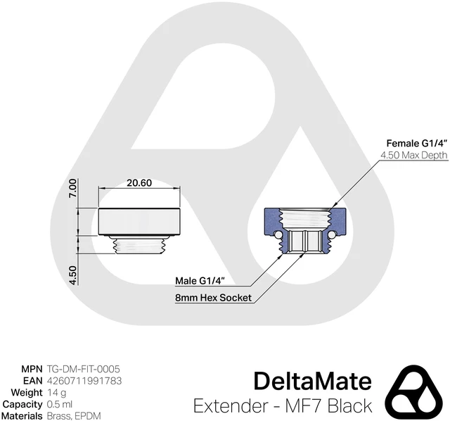 Alt view image 11 of 11 - Thermal Grizzly TG-DM-FIT-0005 DeltaMate Extender MF7 Black 7mm G1/4 Male-to-Female Spacer for Custom PC Water Cooling