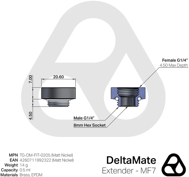 Alt view image 10 of 10 - Thermal Grizzly DeltaMate 7mm Male to Female Extender Fitting - MF7 - Matt Nickel, G1/4, Brass (TG-DM-FIT-0205)