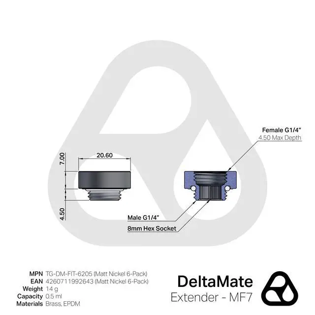 Alt view image 2 of 6 - Thermal Grizzly DeltaMate MF7 Extender Fitting, Matt Nickel, 6-pack